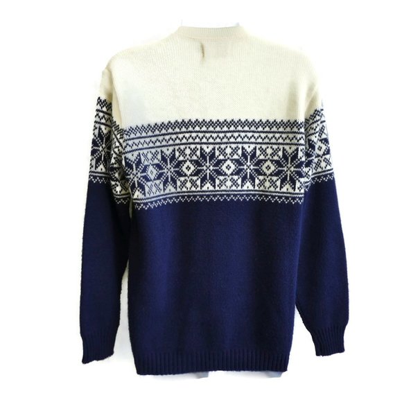 Vintage 50s Sweater Cardigan Navy White Fair Isle Antique Silver Floral Buttons - Picture 4 of 9